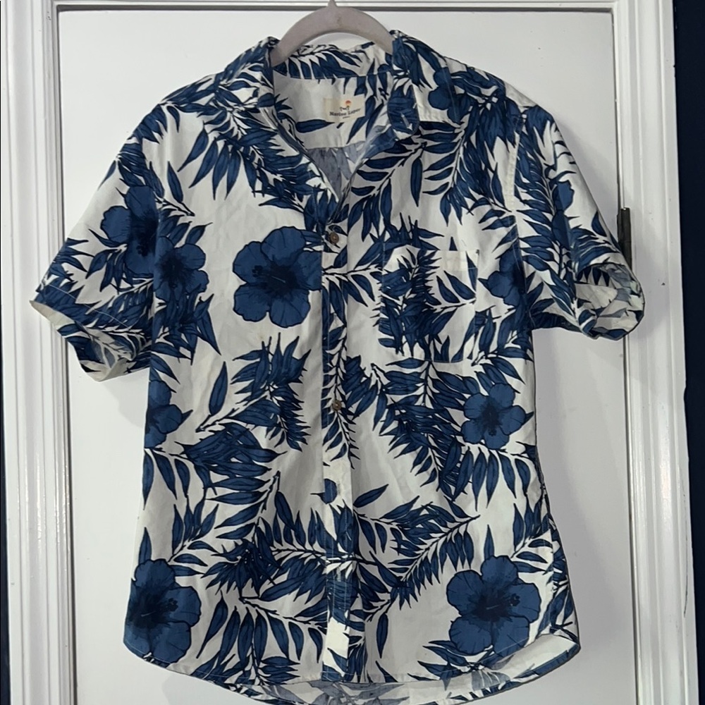 Marine Layer White and Blue Floral Short-Sleeve Button-Down Shirt